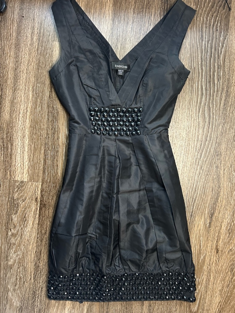 BEBE Y2K Black Sequin Beaded V-Neck Mini Dress 100% SILK